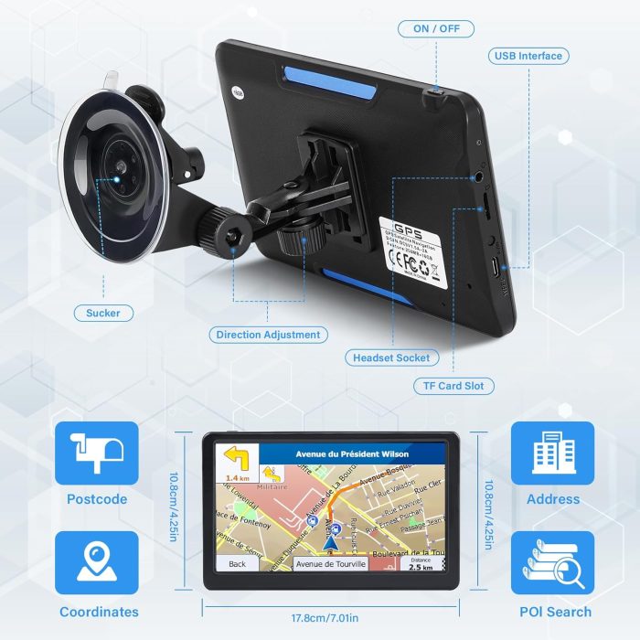 GPS Navigator for Car Truck RV, 7 Inch Touch Screen, Latest 2025 Maps for Car GPS, Support Voice Turn-by-Turn Guidance, Speed and Red Light Warning, Custom Truck Routing - Image 4