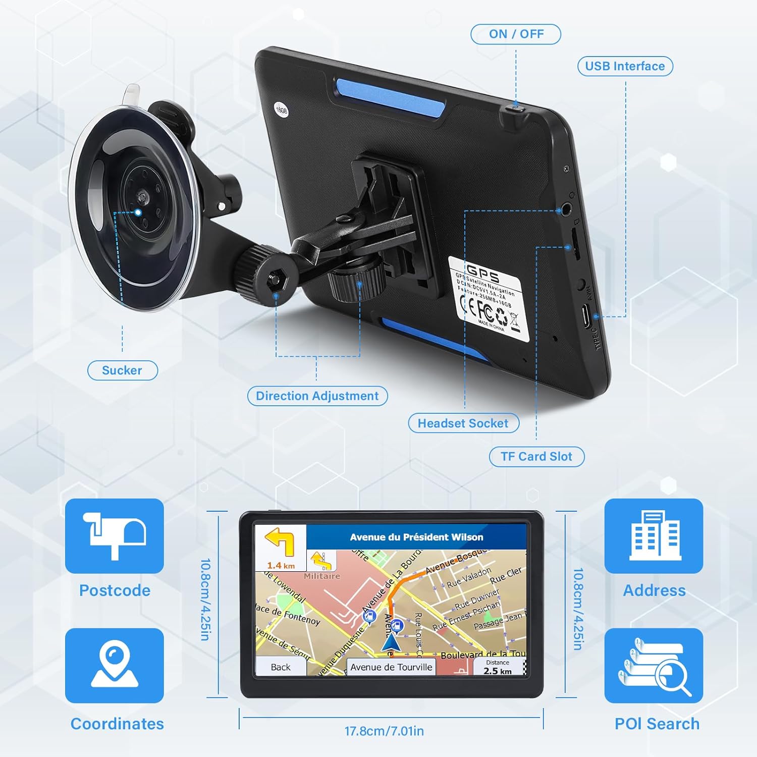 GPS Navigator for Car Truck RV, 7 Inch Touch Screen, Latest 2025 Maps for Car GPS, Support Voice Turn-by-Turn Guidance, Speed and Red Light Warning, Custom Truck Routing - Image 4