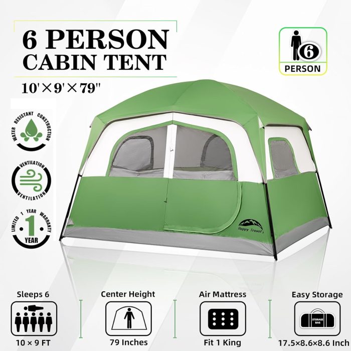Happy Travel Tent 6 Person Tents for Camping, Waterproof Easy Setup Camping Tent with Rainfly, Portable Large Family Cabin Tent with 5 Large Mesh Windows and Carry Bag for Outdoor Camping & Hiking - Image 2