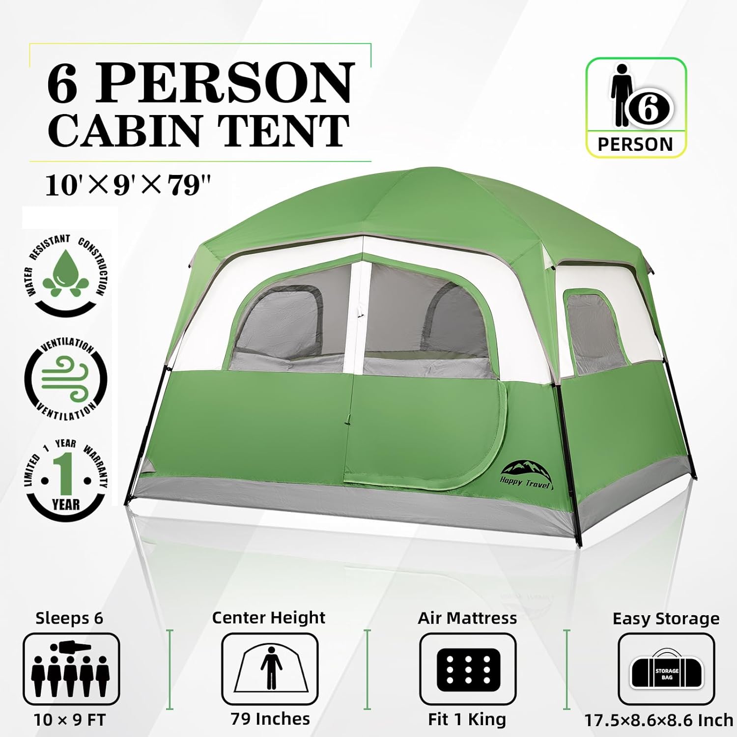 Happy Travel Tent 6 Person Tents for Camping, Waterproof Easy Setup Camping Tent with Rainfly, Portable Large Family Cabin Tent with 5 Large Mesh Windows and Carry Bag for Outdoor Camping & Hiking - Image 2