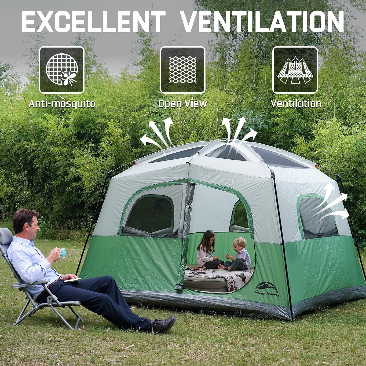 Happy Travel Tent 6 Person Tents for Camping, Waterproof Easy Setup Camping Tent with Rainfly, Portable Large Family Cabin Tent with 5 Large Mesh Windows and Carry Bag for Outdoor Camping & Hiking - Image 4